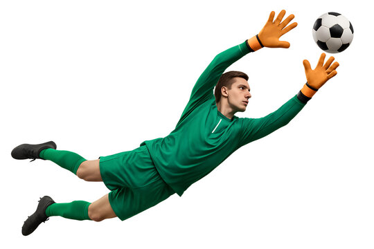 Male Soccer Goalkeeper Diving to Catch Ball, Making a Dynamic Save During a Football Match