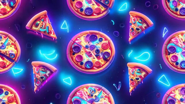 Seamless pattern of whole and sliced pizzas with vibrant neon glow.