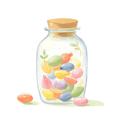 A delightful watercolor painting of colorful jellybeans in a glass jar with a cork top, a sweet treat for the eyes.