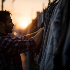 A market vendor arranging clothes on a stall in the golden hour of morning