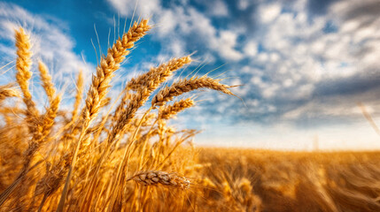 Naklejka premium Golden wheat field during harvest time under a blue sky with dramatic clouds. Ideal for agriculture themes, rural scenery, and seasonal projects showcasing nature's bounty.