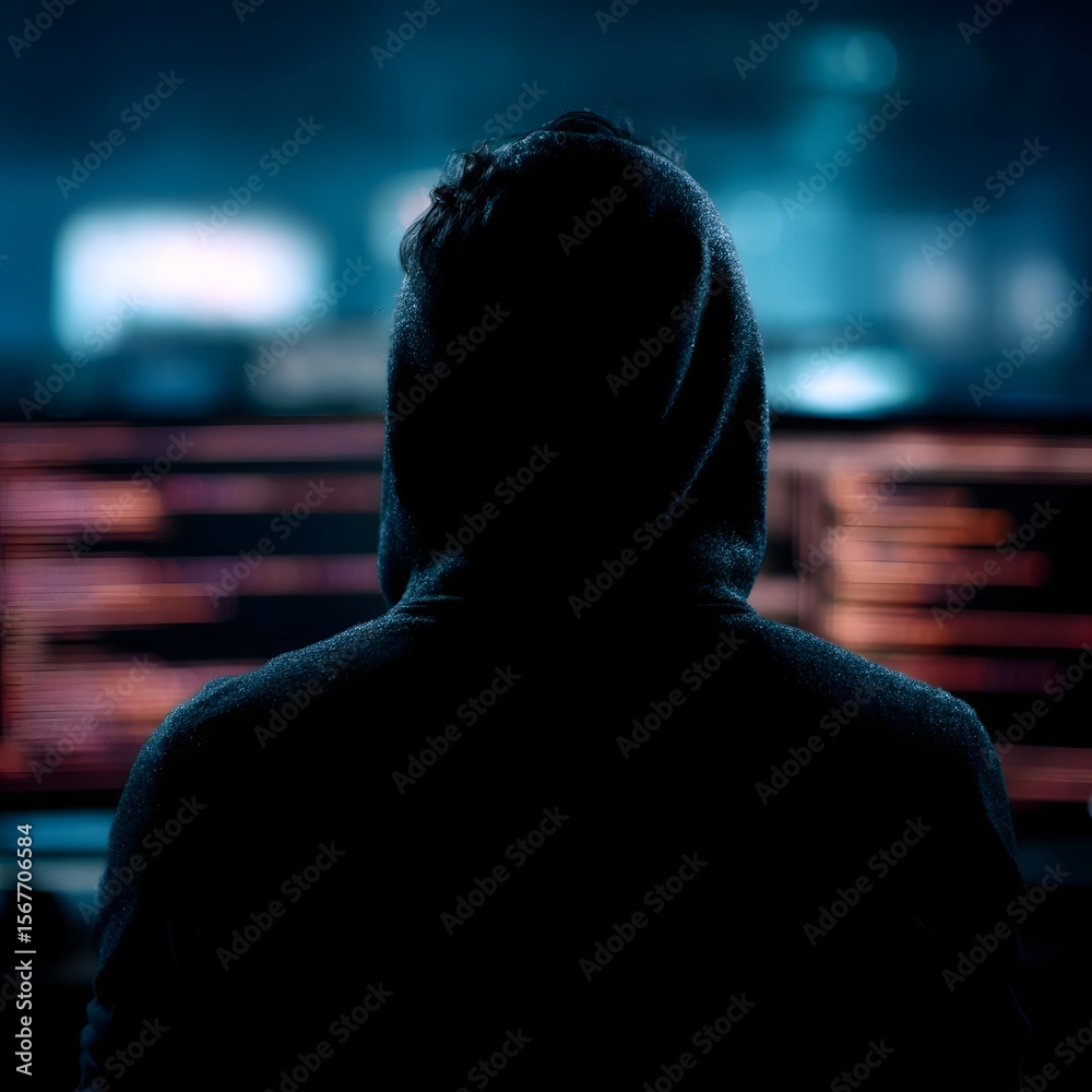 Poster hacker silhouette behind secure firewall screen monitoring multiple digital displays