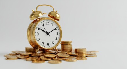 Golden alarm clock surrounded by coins portrays the concept of time is money and wise financial investments