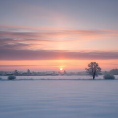 Serene Winter Sunrise Frosty Field and Solitary Tree