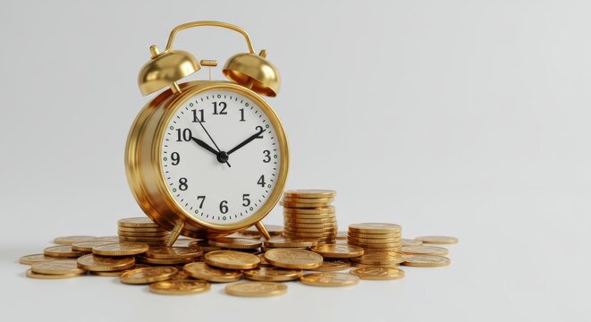 Golden alarm clock surrounded by coins portrays the concept of time is money and wise financial investments