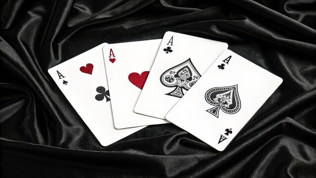A pair of four aces (clubs, diamonds, hearts, spades) on a black velvet texture, evoking luxury, risk, or strategy in gaming.