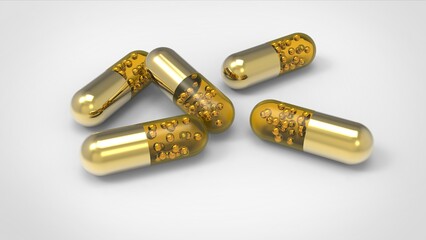 3d golden capsules render. Stock image.	