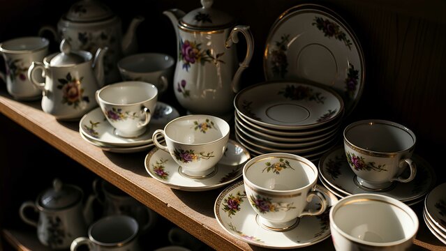 Elegant Vintage Tea Set Collection Antique Porcelain Teacups, Teapots, and Saucers - Powered by Adobe
