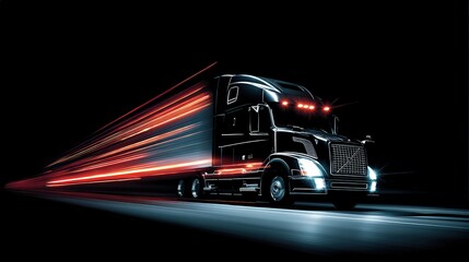 A glowing semi-truck speeds through the dark, leaving vibrant light trails that emphasize motion and power at night.