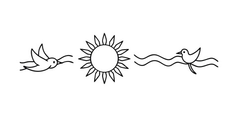 Obraz premium Sun And Birds Continuous One Line Art Vector Illustration For Beach Nature And Summer Design
