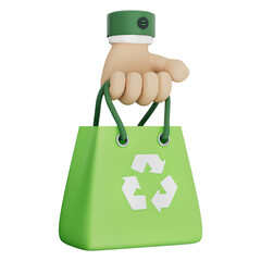 Hand holding green eco bag 3d illustration with recycle symbol for sustainable product