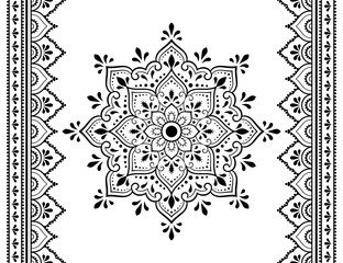 Set of mandala pattern and seamless border for Henna drawing and tattoo. Decoration in ethnic oriental mehndi, Indian style. Doodle ornament in black and white. Hand draw vector illustration.