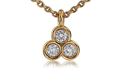 Pendant necklace in gold with three clustered diamonds placed flat on white