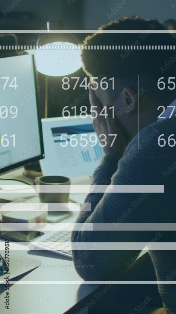 Poster animation of changing numbers, graph and loading bar, man analyzing reports on computer