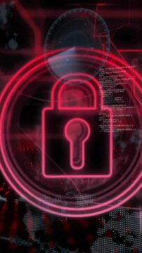 Animation of padlock in circles, globes, radars and computer language over black background