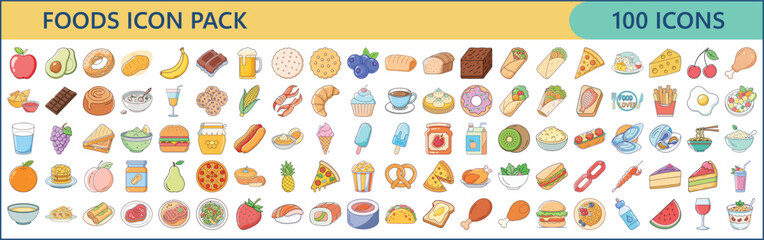 100 Food and Drink Icons – Flat Vector Collection of Meals & Snacks