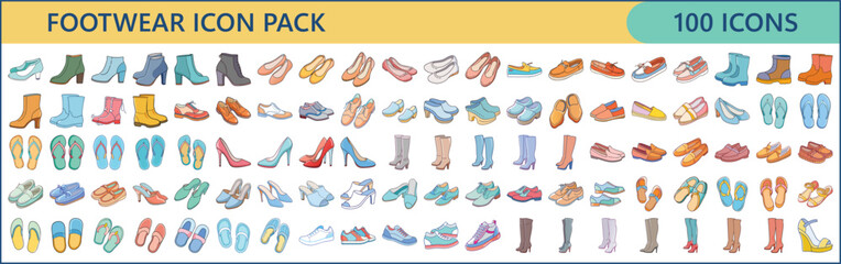 100 Stylish Footwear Icons – Flat Vector Collection of Shoes, Boots, and Sandals