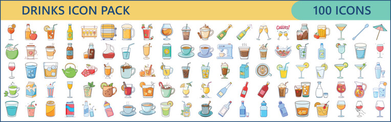 Beverage & Drinks Icon Set – 100 Refreshing Flat Vector Illustrations