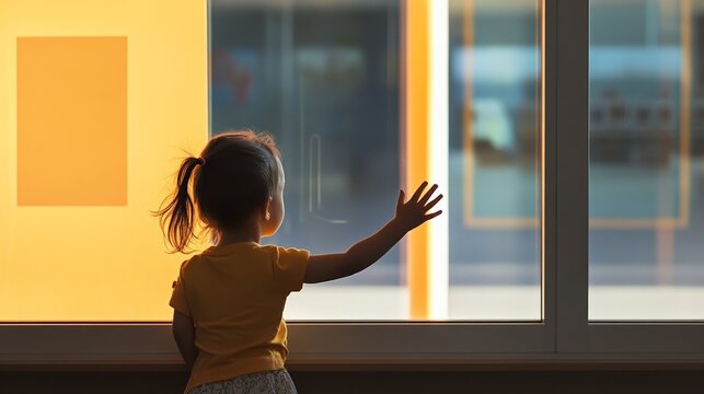 Preschool girl looking out the window, waiting for the school to start again, touching the glass with her hand, with a yellow wall in the background and a blurred playground in the exterior