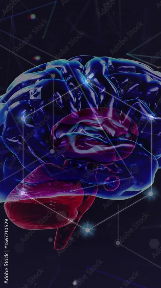 Poster Animation of illuminated dots connected with lines over rotating digital brain over black background