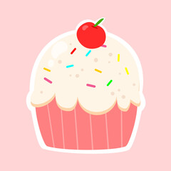 White cupcake cartoon with cherry and colorful sprinkle. Delicious and tasty desert. Can be used for menu item, and kid decoration