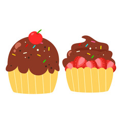 Cute chocolate cupcake cartoon with cherry and strawberry. Cute sweet and tasty desert illustration.