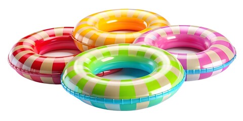 Obraz premium A set of vibrant, round colorful swimming ring in blue, yellow, and pink colors is isolated on a white background