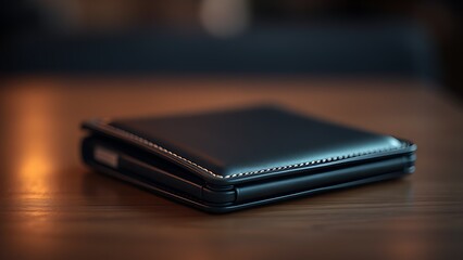 A sleek wallet lies on a wooden surface, highlighted by warm ambient lighting in a minimalist setting.