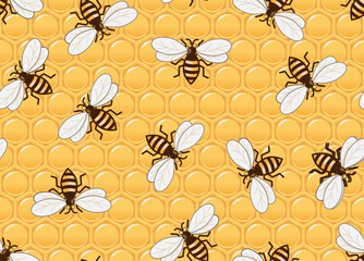 Seamless pattern of honeybees flying around on a honeycomb background. Honeycomb is a structure of hexagonal wax cells built by honey bees to store honey and pollen, and to raise their young bees. 