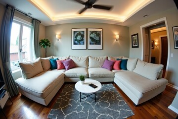 Creative Photography with a Fisheye Lens: Showcasing the Absurdity of an Oversized Sofa in a Cramped Living Room