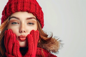 Vibrant Color Picture of Girl with Gloves and Winter Hat Blowing a Kiss