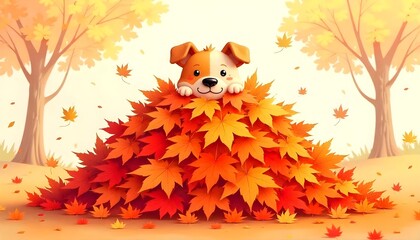 Cute cartoon puppy playing in a big pile of orange autumn leaves in a fall park