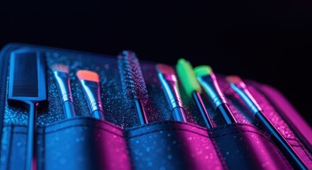 Obraz premium Vibrant neon makeup brushes in a row with comb and diverse bright colors
