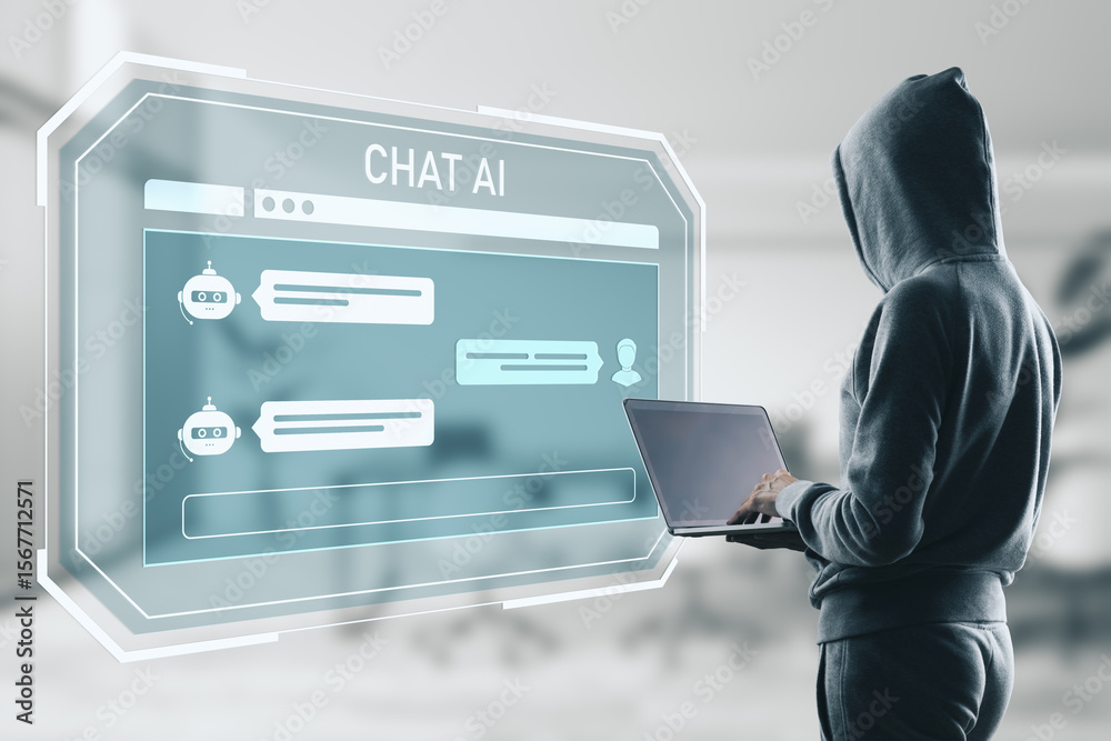 Poster hacker in hoodie interacting with ai chatbot interface on laptop in modern digital environment with 