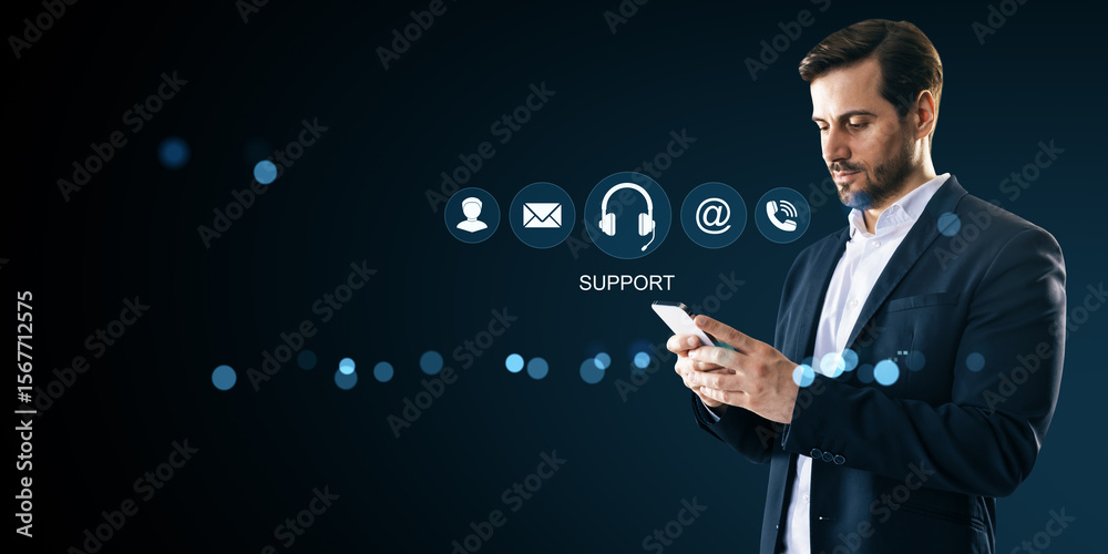 Poster businessman using smartphone with virtual support icons representing online communication and custom
