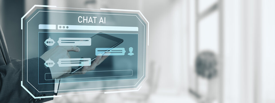 Businessperson using tablet with futuristic chat AI interface for virtual communication in office environment.