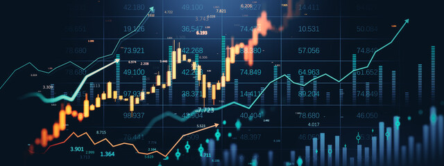 Financial market data with upward trading graphs and candlestick charts on a digital display in a panoramic contemporary fintech background. 3D Rendering