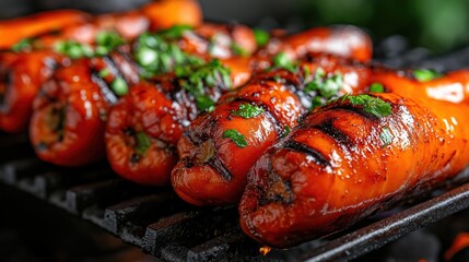 Grilled spicy chili peppers brushed with garlic butter glaze on a black grill for a vibrant culinary delight