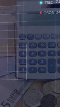Animation of financial data processing over money and calculator