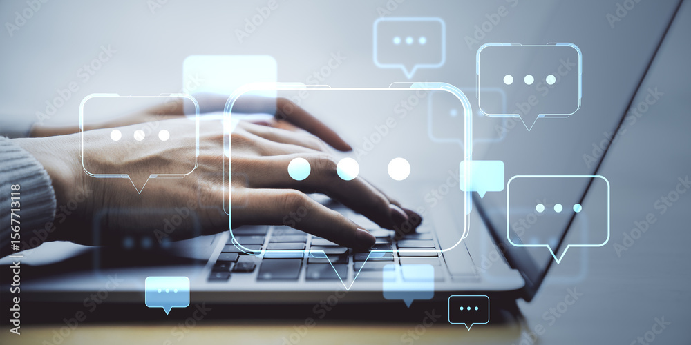 Poster hands typing on laptop keyboard with floating chat icons and digital speech bubbles representing onl