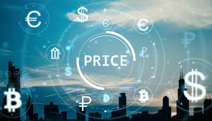 Digital currency symbols and financial data interface over modern cityscape at sunset, showcasing global market price concept with light effects.
