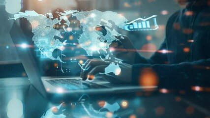 Person using laptop and smartphone with a digital world map overlay featuring data visualizations and bokeh effect lighting creating futuristic concept. - Powered by Adobe