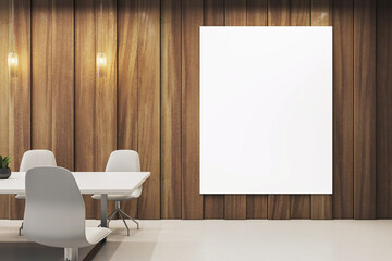 Vertical blank canvas mockup in modern office boardroom with stylish wooden wall and white conference table and chairs setup. 3D Rendering