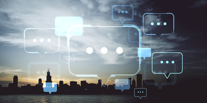 Digital speech bubbles floating over city skyline at dusk representing modern online communication and futuristic media network concept.