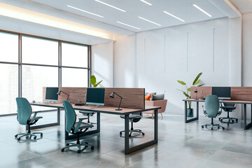 Modern open office interior with empty desks, ergonomic chairs, and daylight view through large windows in a bright corporate workspace. 3D Rendering