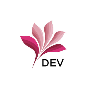 Abstract Pink Flower Petals Logo with Typography , DEV Later Logo, Elegant Gradient Botanical Emblem with Text DEV , Creative Nature-Inspired Logo Concept Isolated on White.

