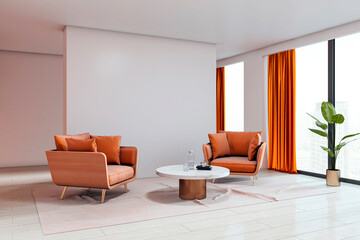 Modern corporate waiting area with orange armchairs, marble table, and large windows in a bright office interior with city view and natural lighting. 3D Rendering
