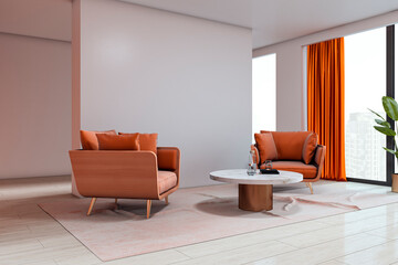 Modern corporate waiting area with orange armchairs, marble table, and large window with city view in bright clean interior space. 3D Rendering