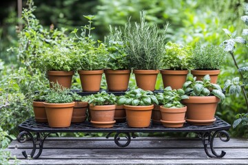 Herb Garden Arrangement with Various Plants in Clay Pots