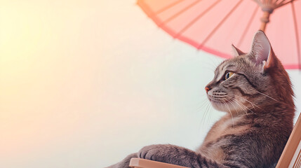 cat relaxing in a beach chair illustration of cat on beach background for summer